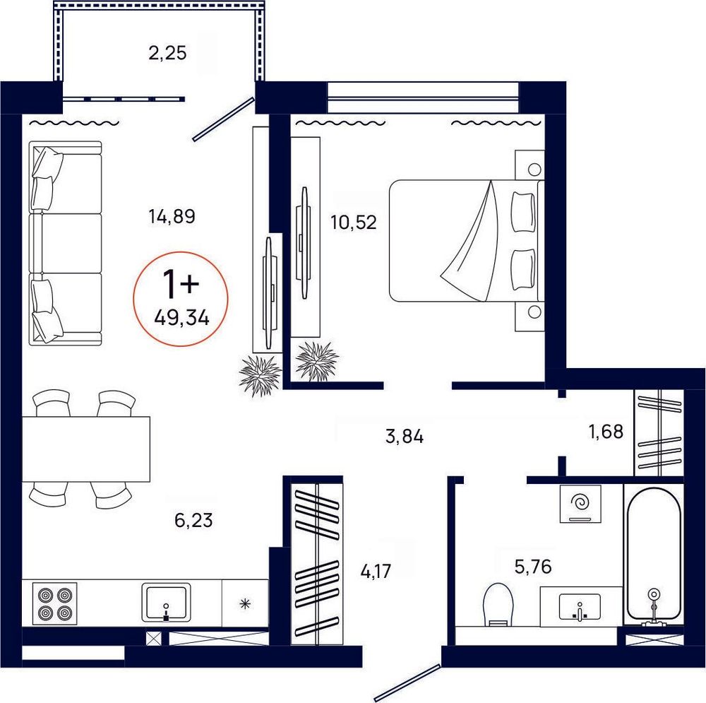 Планировка, 1 к. квартира, Тюмень, ул. Владислава Крапивина, 9, кв. С4.5.6, пд.4, эт. 5/13, 49,34 м², 7 031 000 ₽, 142 501,01