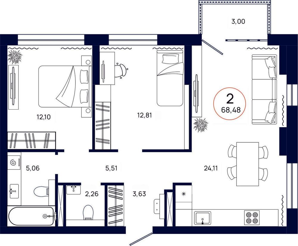 Планировка, 2 к. квартира, Тюмень, ул. Владислава Крапивина, 9, кв. С4.5.8, пд.4, эт. 5/13, 68,48 м², 8 585 000 ₽, 125 365,07