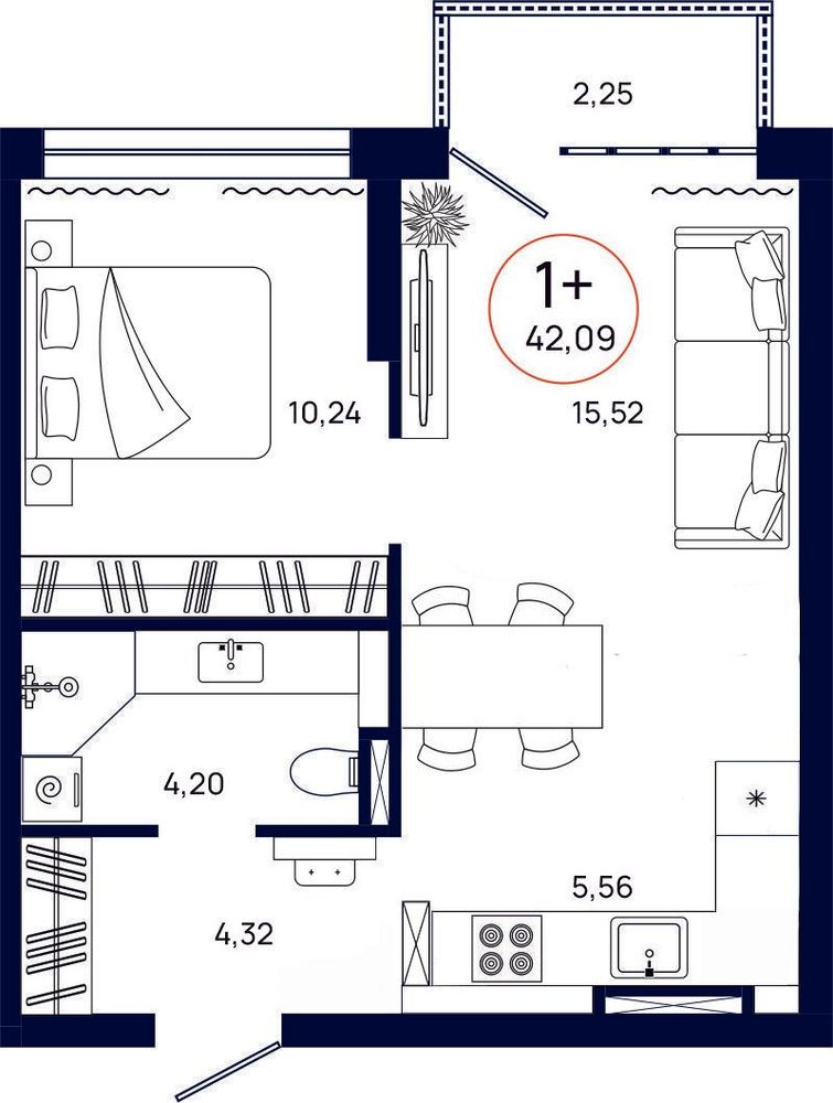 Планировка, 1 к. квартира, Тюмень, ул. Владислава Крапивина, 9, кв. С4.6.1, пд.4, эт. 6/13, 42,09 м², 6 017 000 ₽, 142 955,57