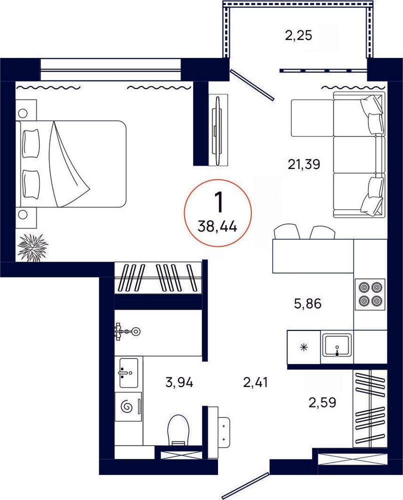 Планировка, 1 к. квартира, Тюмень, ул. Владислава Крапивина, 9, кв. С4.6.7, пд.4, эт. 6/13, 38,44 м², 5 523 000 ₽, 143 678,46