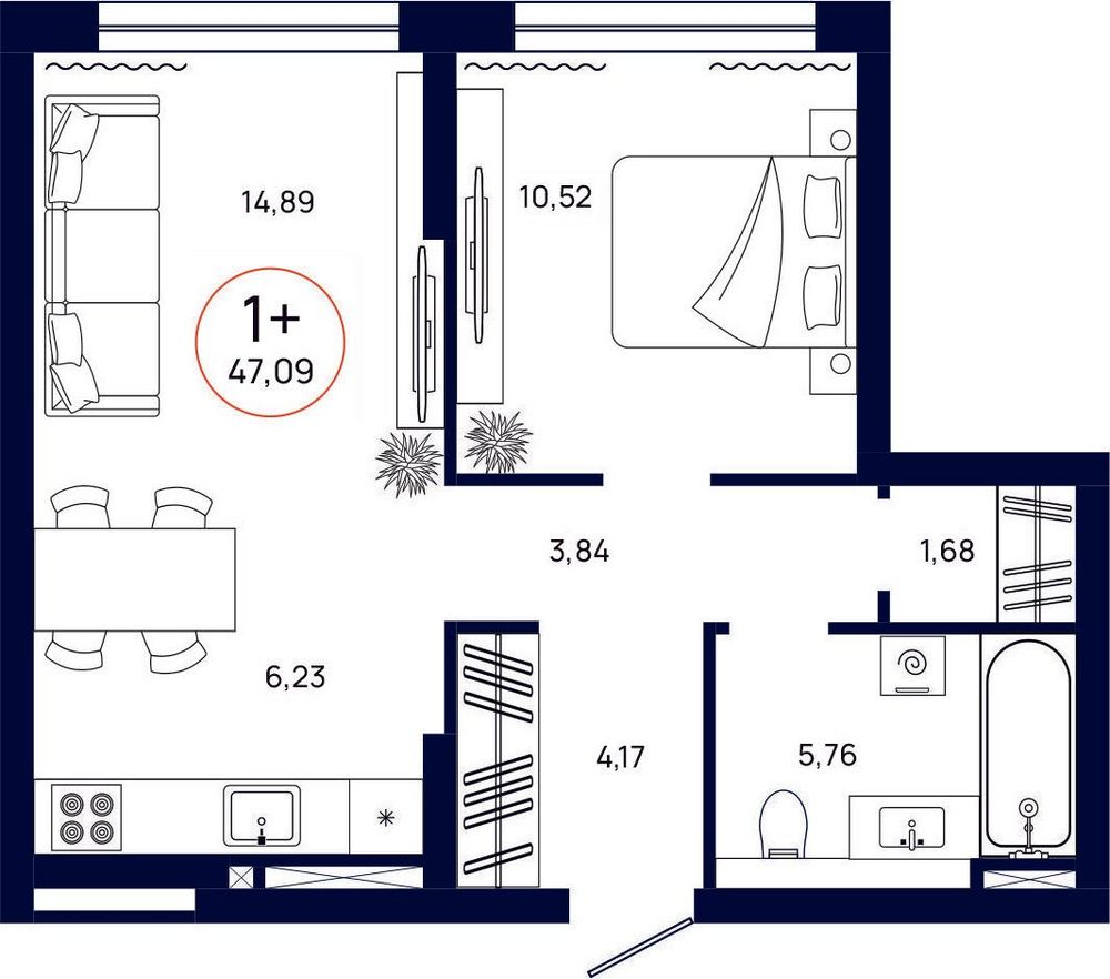 Планировка, 1 к. квартира, Тюмень, ул. Владислава Крапивина, 9, кв. С4.7.6, пд.4, эт. 7/13, 47,09 м², 6 912 000 ₽, 146 782,76