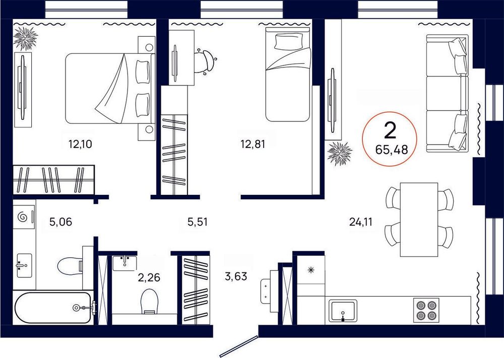 Планировка, 2 к. квартира, Тюмень, ул. Владислава Крапивина, 9, кв. С4.7.8, пд.4, эт. 7/13, 65,48 м², 8 455 000 ₽, 129 123,40