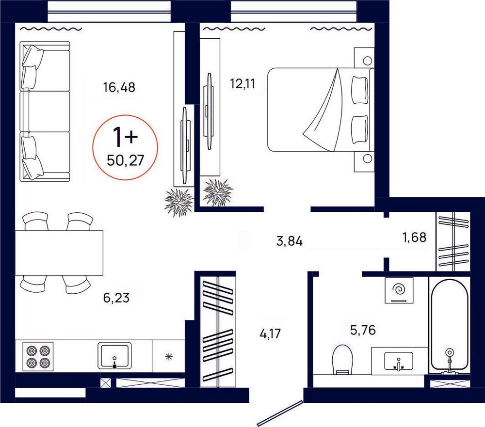 Планировка, 1 к. квартира, Тюмень, ул. Владислава Крапивина, 9, кв. С4.8.3, пд.4, эт. 8/13, 50,27 м², 7 126 000 ₽, 141 754,53