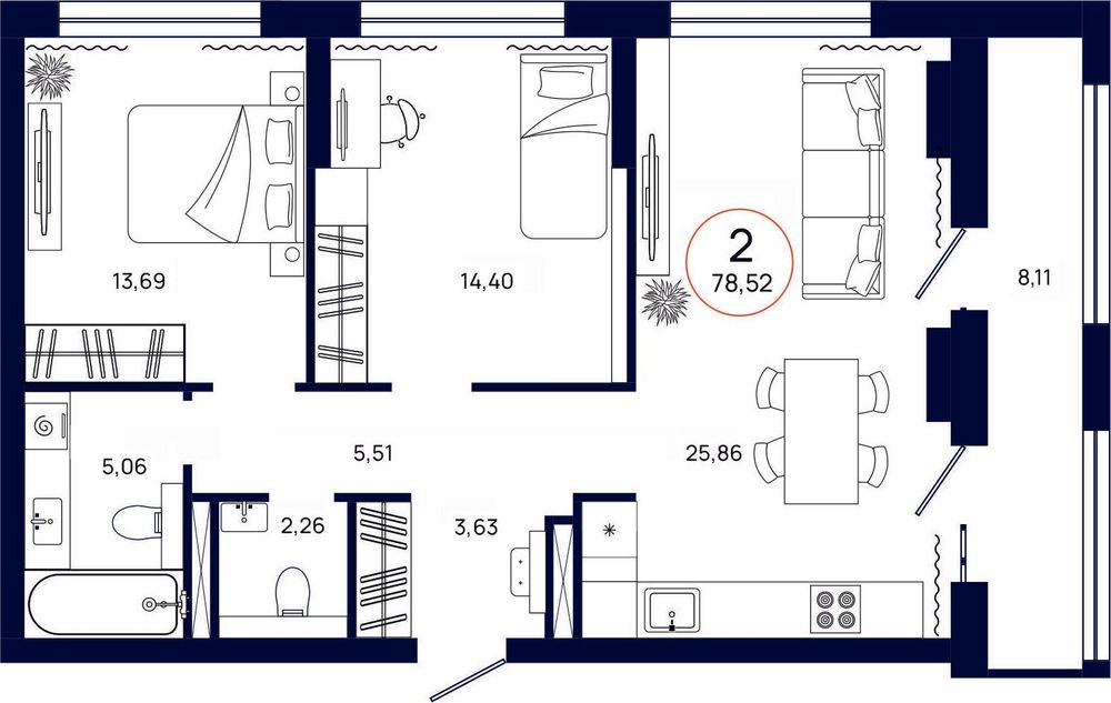 Планировка, 2 к. квартира, Тюмень, ул. Владислава Крапивина, 9, кв. С4.9.5, пд.4, эт. 9/13, 78,52 м², 10 461 000 ₽, 133 227,20
