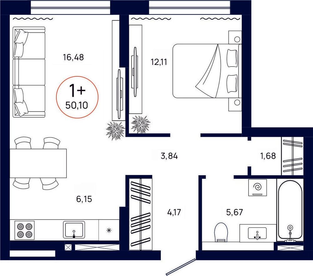 Планировка, 1 к. квартира, Тюмень, ул. Владислава Крапивина, 9, кв. С4.12.3, пд.4, эт. 12/13, 50,1 м², 7 104 000 ₽, 141 796,41