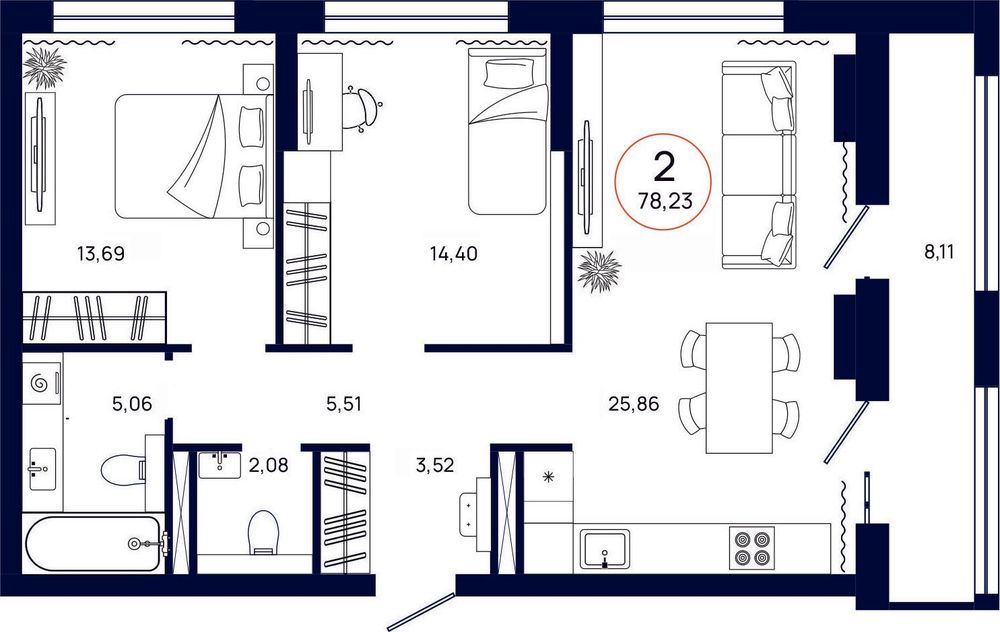 Планировка, 2 к. квартира, Тюмень, ул. Владислава Крапивина, 9, кв. С4.13.5, пд.4, эт. 13/13, 78,23 м², 10 504 000 ₽, 134 270,74