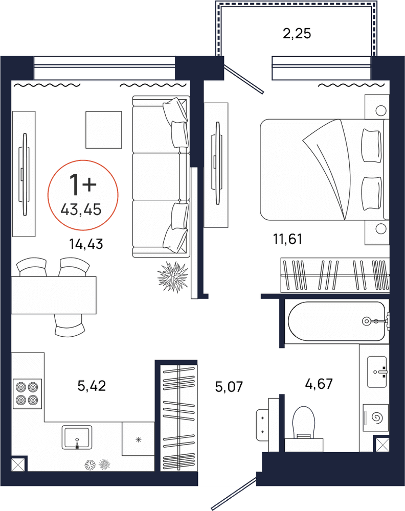 Планировка, 1 к. квартира, Тюмень, ул. Владислава Крапивина, 9, кв. С5.2.1, пд.5, эт. 2/17, 43,45 м², 6 089 000 ₽, 140 138 ₽/м²