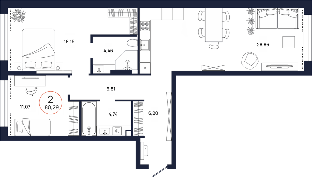 Планировка, 2 к. квартира, Тюмень, ул. Владислава Крапивина, 9, кв. С5.2.7, пд.5, эт. 2/17, 80,29 м², 9 188 000 ₽, 114 435,17