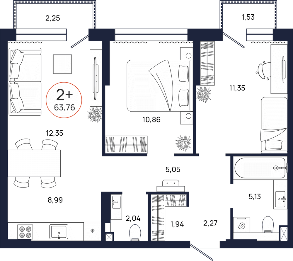 Планировка, 2 к. квартира, Тюмень, ул. Владислава Крапивина, 9, кв. С5.2.8, пд.5, эт. 2/17, 63,76 м², 8 139 000 ₽, 127 650,56