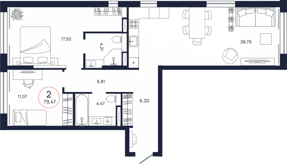 Планировка, 2 к. квартира, Тюмень, ул. Владислава Крапивина, 9, кв. С5.4.7, пд.5, эт. 4/17, 79,47 м², 10 603 000 ₽, 133 421,42