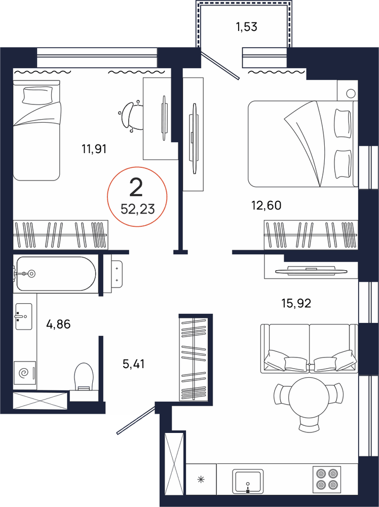 Планировка, 2 к. квартира, Тюмень, ул. Владислава Крапивина, 9, кв. С5.5.2, пд.5, эт. 5/17, 52,23 м², 7 273 000 ₽, 139 249,47
