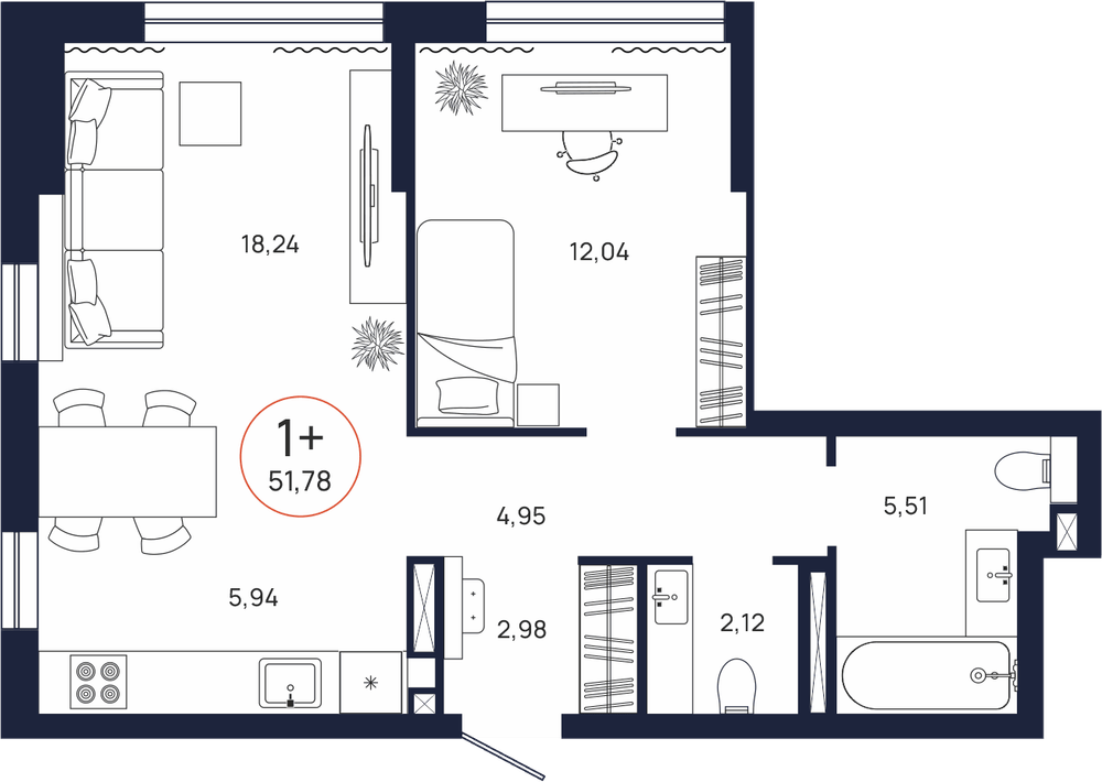 Планировка, 1 к. квартира, Тюмень, ул. Владислава Крапивина, 9, кв. С5.5.3, пд.5, эт. 5/17, 51,78 м², 7 693 000 ₽, 148 570,88
