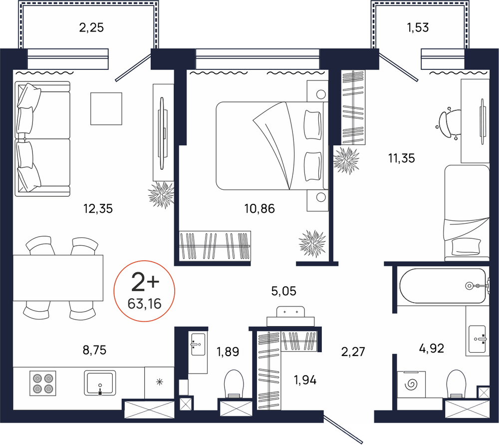 Планировка, 2 к. квартира, Тюмень, ул. Владислава Крапивина, 9, кв. С5.6.8, пд.5, эт. 6/17, 63,16 м², 8 071 000 ₽, 127 786,57