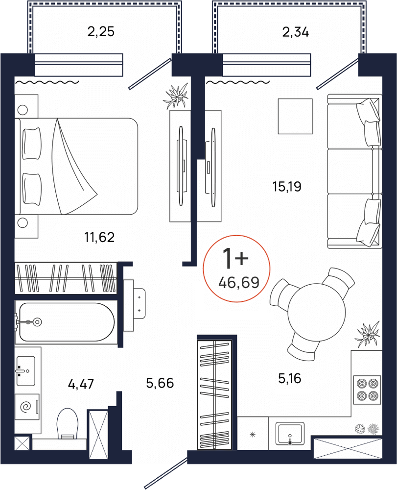 Планировка, 1 к. квартира, Тюмень, ул. Владислава Крапивина, 9, кв. С5.7.6, пд.5, эт. 7/17, 46,69 м², 6 853 000 ₽, 146 776,61