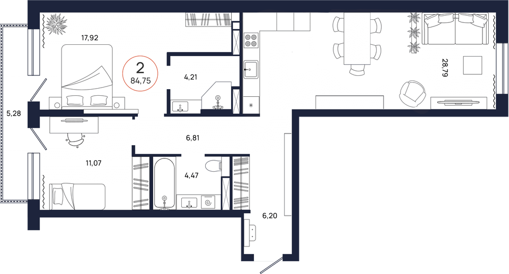 Планировка, 2 к. квартира, Тюмень, ул. Владислава Крапивина, 9, кв. С5.7.7, пд.5, эт. 7/17, 84,75 м², 10 987 000 ₽, 129 640,12