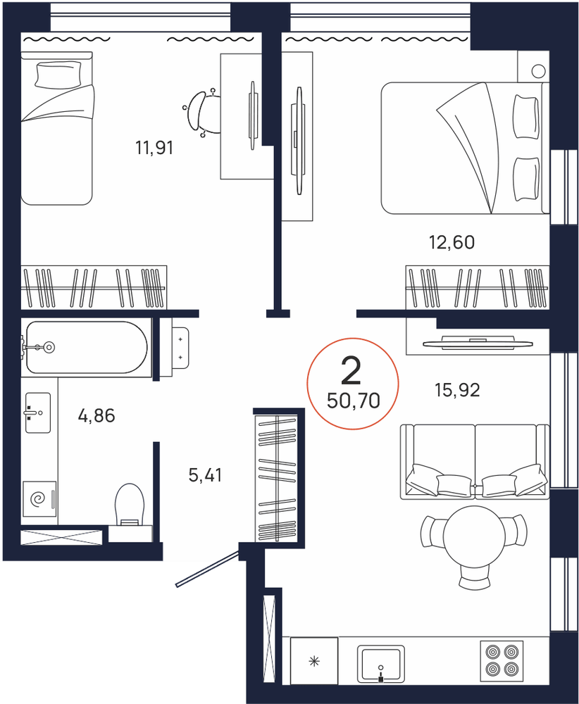 Планировка, 2 к. квартира, Тюмень, ул. Владислава Крапивина, 9, кв. С5.9.2, пд.5, эт. 9/17, 50,7 м², 6 921 000 ₽, 136 508,88