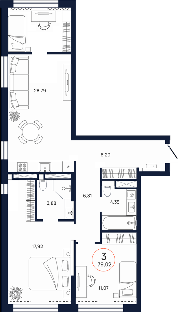 Планировка, 3 к. квартира, Тюмень, ул. Владислава Крапивина, 9, кв. С5.9.7, пд.5, эт. 9/17, 79,47 м², 9 537 000 ₽, 120 008 ₽/м²