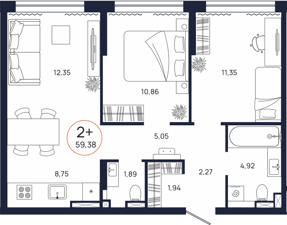 Планировка, 2 к. квартира, Тюмень, ул. Владислава Крапивина, 9, кв. С5.9.8, пд.5, эт. 9/17, 59,38 м², 7 913 000 ₽, 133 260,36