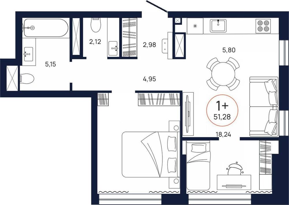 Планировка, 2 к. квартира, Тюмень, ул. Владислава Крапивина, 9, кв. С5.11.3, пд.5, эт. 11/17, 51,28 м², 6 964 000 ₽, 135 803 ₽/м²