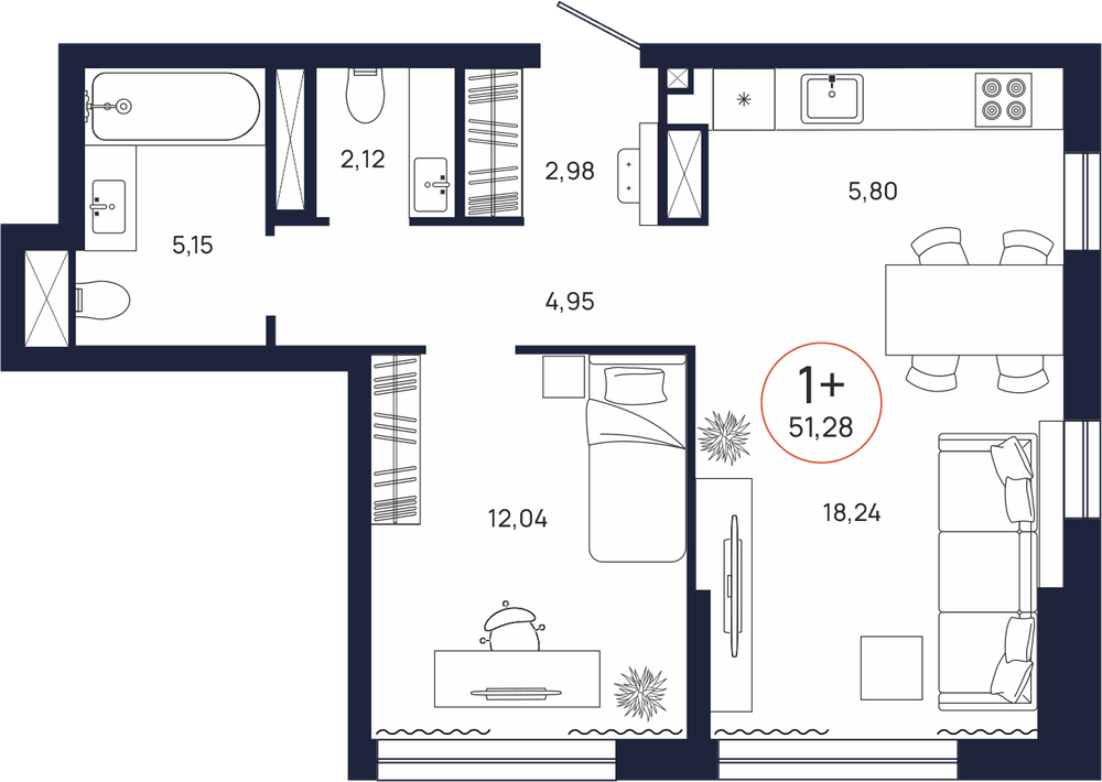 Планировка, 1 к. квартира, Тюмень, ул. Владислава Крапивина, 9, кв. С5.12.3, пд.5, эт. 12/17, 51,28 м², 6 964 000 ₽, 135 803 ₽/м²