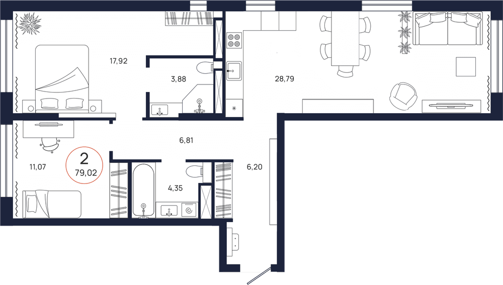 Планировка, 3 к. квартира, Тюмень, ул. Владислава Крапивина, 9, кв. С5.12.7, пд.5, эт. 12/17, 79,02 м², 9 720 000 ₽, 123 007 ₽/м²