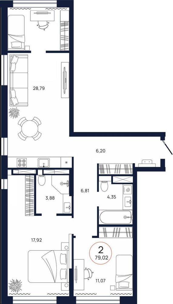Планировка, 3 к. квартира, Тюмень, ул. Владислава Крапивина, 9, кв. С5.12.7, пд.5, эт. 12/17, 79,02 м², 9 611 000 ₽, 121 627 ₽/м²