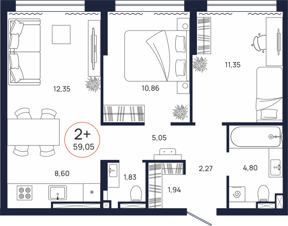 Планировка, 2 к. квартира, Тюмень, ул. Владислава Крапивина, 9, кв. С5.15.8, пд.5, эт. 15/17, 59,05 м², 7 868 000 ₽, 133 243,01