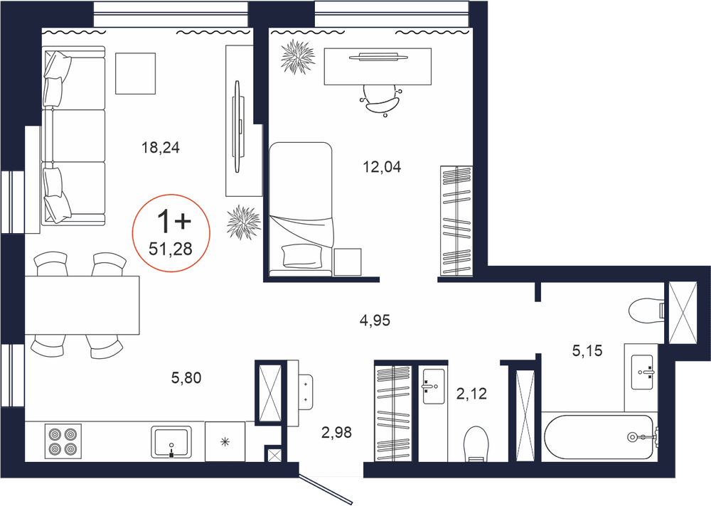 Планировка, 1 к. квартира, Тюмень, ул. Владислава Крапивина, 9, кв. С5.17.3, пд.5, эт. 17/17, 51,28 м², 7 182 000 ₽, 140 054,60