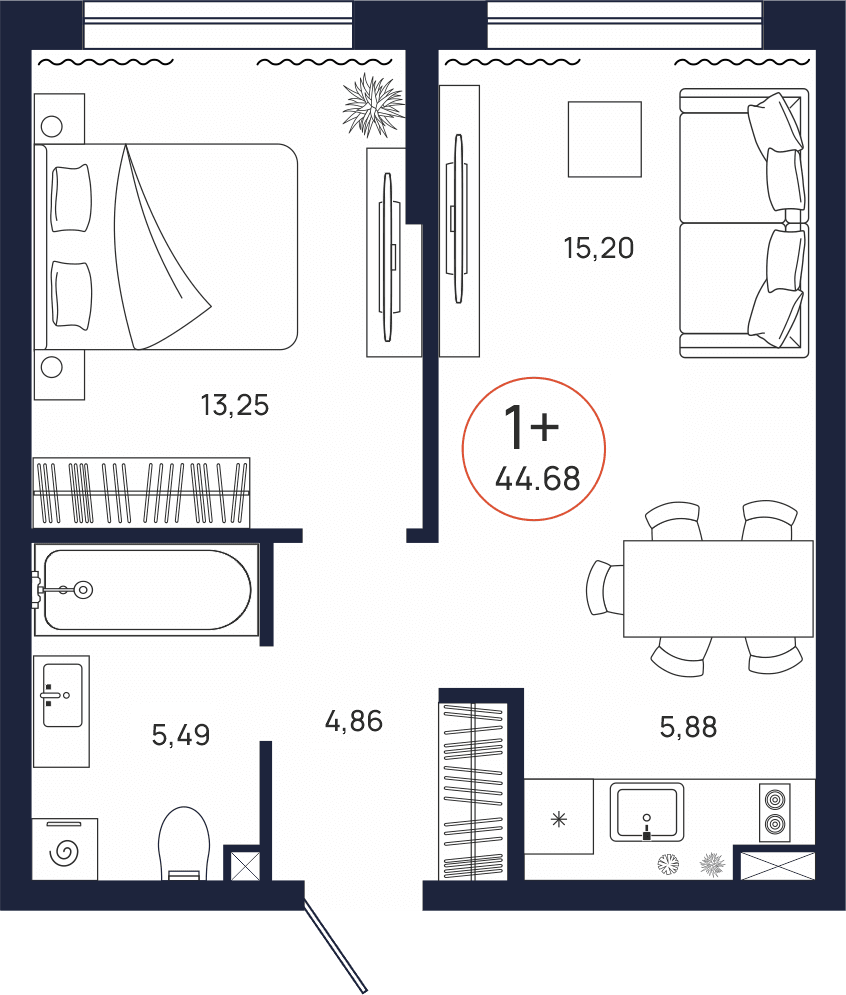 Планировка, 1 к. квартира, Тюмень, ул. Владислава Крапивина, 9, кв. С2.2.3, пд.2, эт. 2/9, 44,68 м², 6 469 000 ₽, 144 785,14