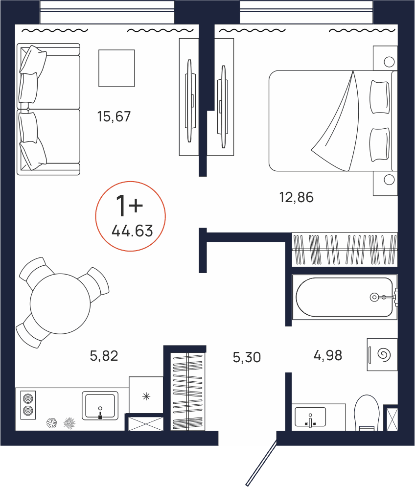 Планировка, 1 к. квартира, Тюмень, ул. Владислава Крапивина, 9, кв. С2.2.4, пд.2, эт. 2/9, 44,63 м², 6 479 000 ₽, 145 171,41