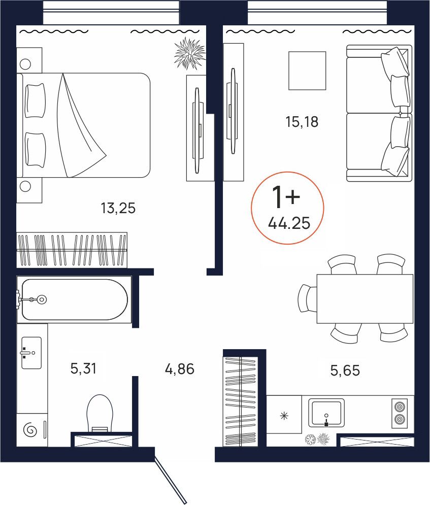 Планировка, 1 к. квартира, Тюмень, ул. Владислава Крапивина, 9, кв. С2.3.3, пд.2, эт. 3/9, 44,25 м², 6 408 000 ₽, 144 813,56