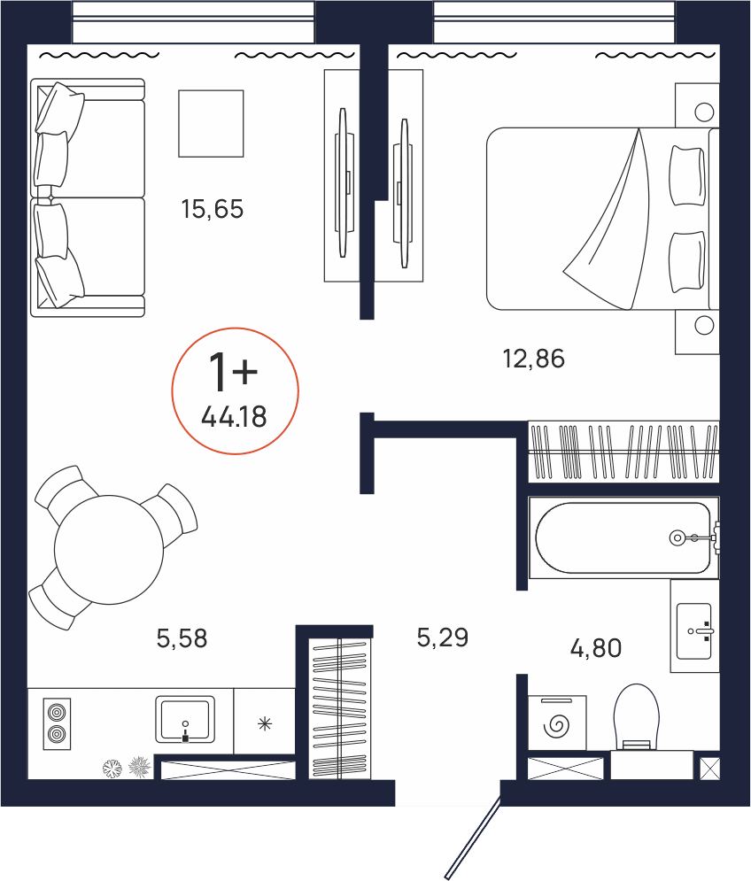 Планировка, 1 к. квартира, Тюмень, ул. Владислава Крапивина, 9, кв. С2.3.4, пд.2, эт. 3/9, 44,18 м², 5 362 000 ₽, 121 367,13