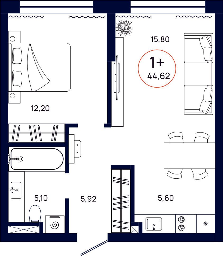 Планировка, 1 к. квартира, Тюмень, ул. Владислава Крапивина, 9, кв. С3.2.4, пд.3, эт. 2/9, 44,62 м², 6 758 000 ₽, 151 456,75