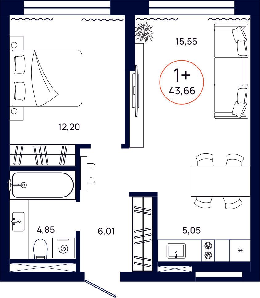 Планировка, 1 к. квартира, Тюмень, ул. Владислава Крапивина, 9, кв. С3.3.3, пд.3, эт. 3/9, 43,66 м², 6 614 000 ₽, 151 489 ₽/м²
