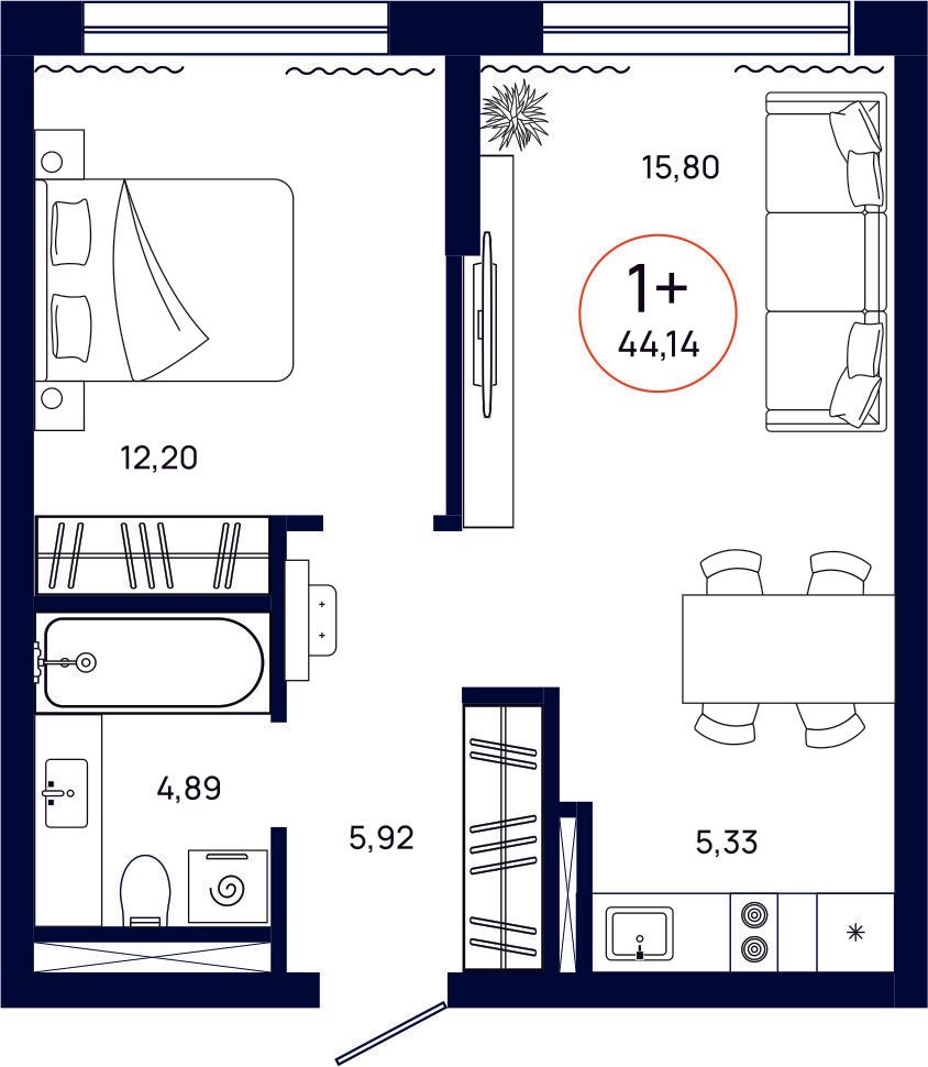 Планировка, 1 к. квартира, Тюмень, ул. Владислава Крапивина, 9, кв. С3.6.4, пд.3, эт. 6/9, 44,14 м², 6 687 000 ₽, 151 495 ₽/м²