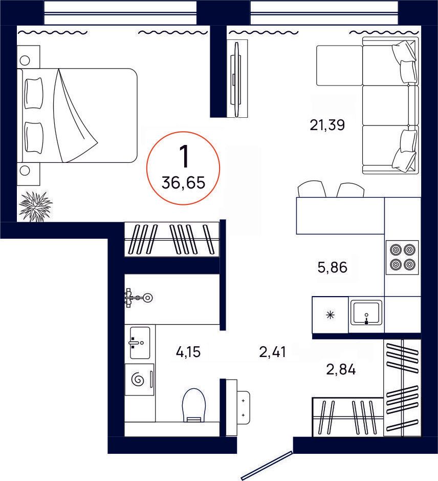 Планировка, 1 к. квартира, Тюмень, ул. Владислава Крапивина, 9, кв. С4.2.7, пд.4, эт. 2/13, 36,65 м², 5 372 000 ₽, 146 575,72