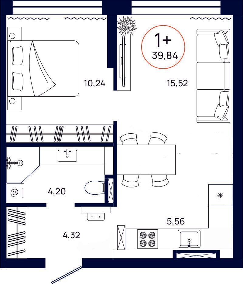 Планировка, 1 к. квартира, Тюмень, ул. Владислава Крапивина, 9, кв. С4.3.1, пд.4, эт. 3/13, 39,84 м², 5 838 000 ₽, 146 536,14