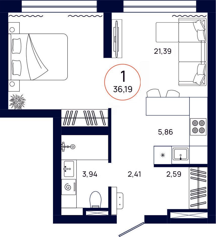Планировка, 1 к. квартира, Тюмень, ул. Владислава Крапивина, 9, кв. С4.7.7, пд.4, эт. 7/13, 36,19 м², 5 311 000 ₽, 146 753,25