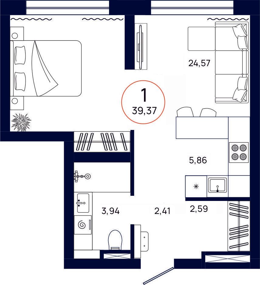 Планировка, 1 к. квартира, Тюмень, ул. Владислава Крапивина, 9, кв. С4.9.4, пд.4, эт. 9/13, 39,37 м², 5 770 000 ₽, 146 558,29