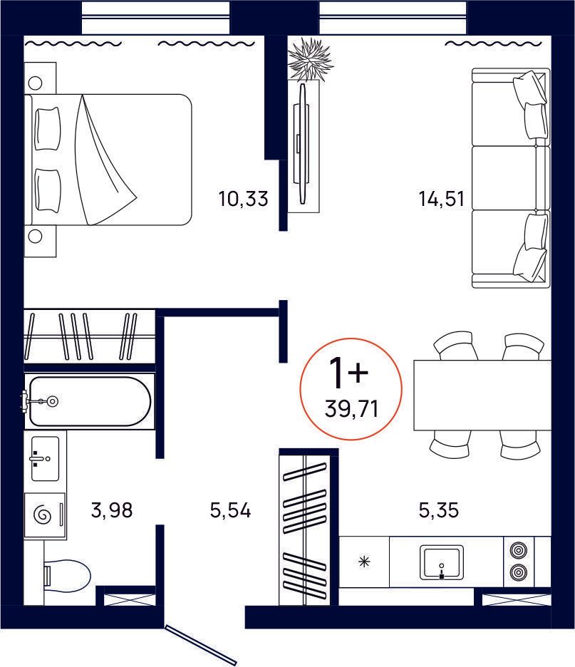 Планировка, 1 к. квартира, Тюмень, ул. Владислава Крапивина, 9, кв. С4.10.7, пд.4, эт. 10/13, 39,71 м², 7 271 000 ₽, 183 102,49