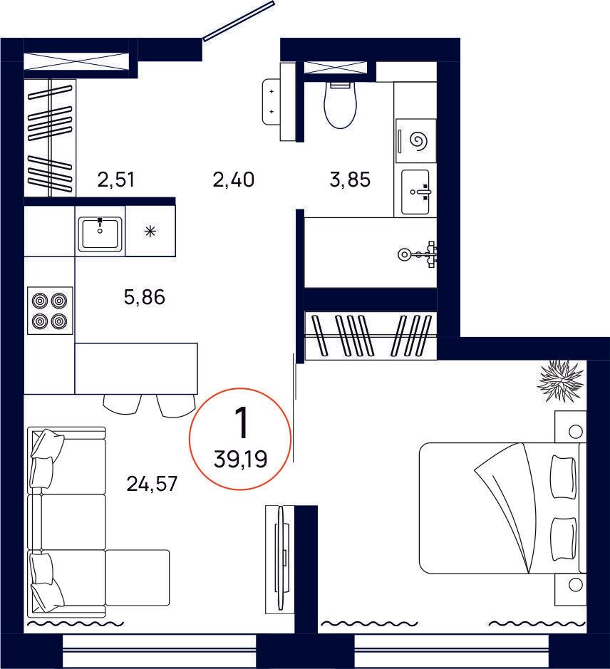 Планировка, 1 к. квартира, Тюмень, ул. Владислава Крапивина, 9, кв. С4.11.4, пд.4, эт. 11/13, 39,19 м², 5 744 000 ₽, 146 568