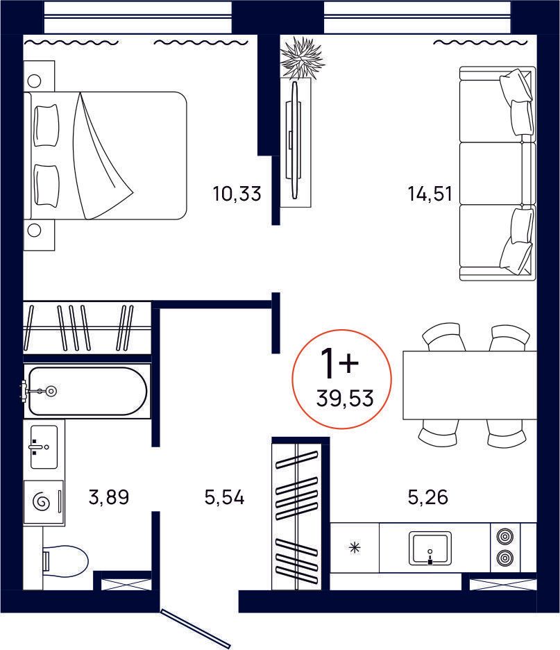 Планировка, 1 к. квартира, Тюмень, ул. Владислава Крапивина, 9, кв. С4.11.7, пд.4, эт. 11/13, 39,53 м², 5 794 000 ₽, 146 572,22