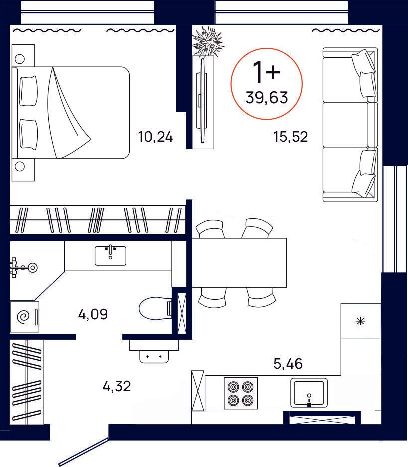 Планировка, 1 к. квартира, Тюмень, ул. Владислава Крапивина, 9, кв. С4.12.1, пд.4, эт. 12/13, 39,63 м², 5 808 000 ₽, 146 555,64