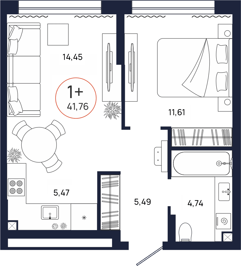 Планировка, 1 к. квартира, Тюмень, ул. Владислава Крапивина, 9, кв. С5.2.5, пд.5, эт. 2/17, 41,76 м², 5 971 000 ₽, 142 983,72