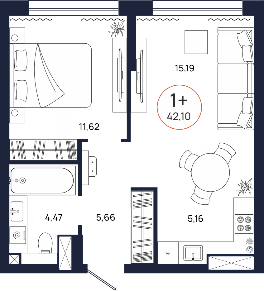Планировка, 1 к. квартира, Тюмень, ул. Владислава Крапивина, 9, кв. С5.4.6, пд.5, эт. 4/17, 42,1 м², 6 018 000 ₽, 142 945,37