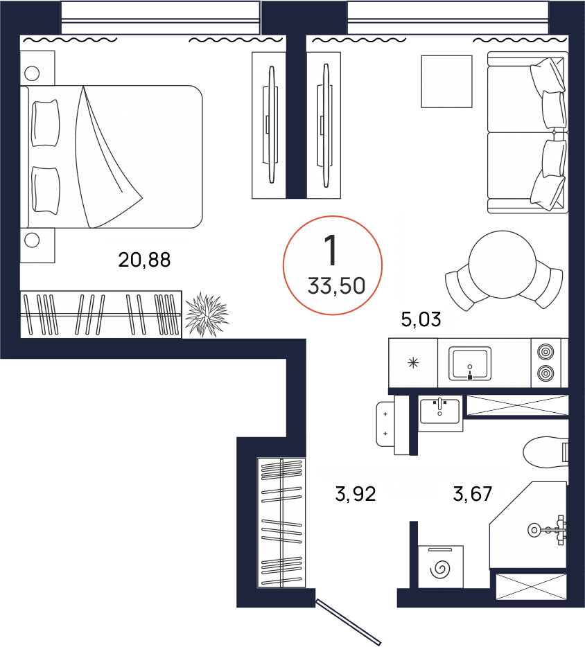 Планировка, 1 к. квартира, Тюмень, ул. Владислава Крапивина, 9, кв. С5.5.4, пд.5, эт. 5/17, 33,5 м², 5 364 000 ₽, 160 119,40