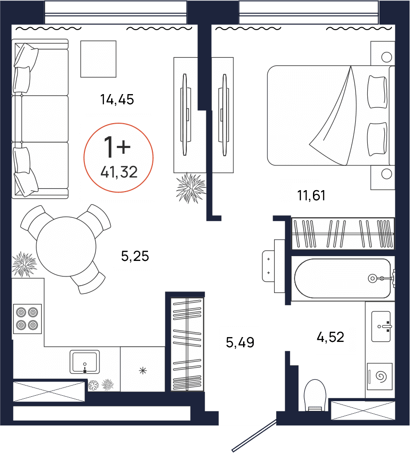 Планировка, 1 к. квартира, Тюмень, ул. Владислава Крапивина, 9, кв. С5.5.5, пд.5, эт. 5/17, 41,32 м², 5 992 000 ₽, 145 015 ₽/м²