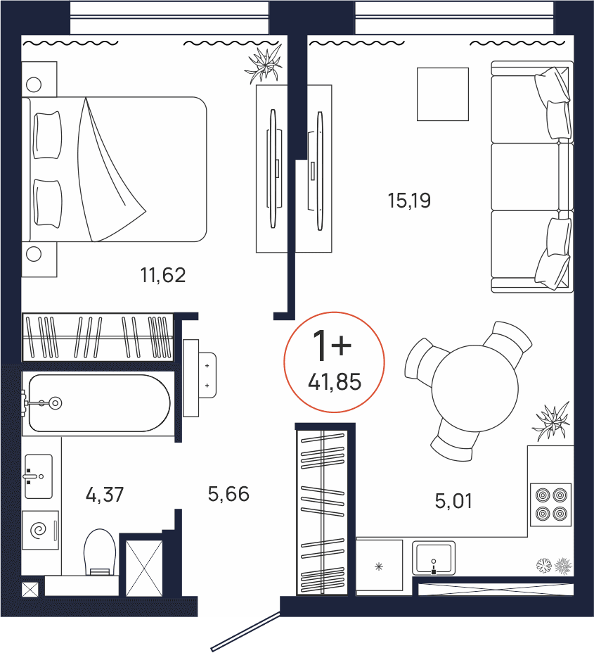Планировка, 1 к. квартира, Тюмень, ул. Владислава Крапивина, 9, кв. С5.12.6, пд.5, эт. 12/17, 41,85 м², 5 983 000 ₽, 142 962,96