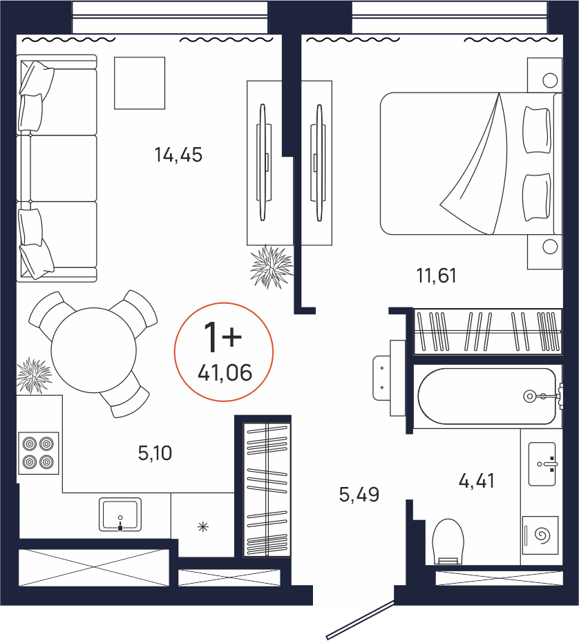 Планировка, 1 к. квартира, Тюмень, ул. Владислава Крапивина, 9, кв. С5.15.5, пд.5, эт. 15/17, 41,06 м², 5 870 000 ₽, 142 961,52