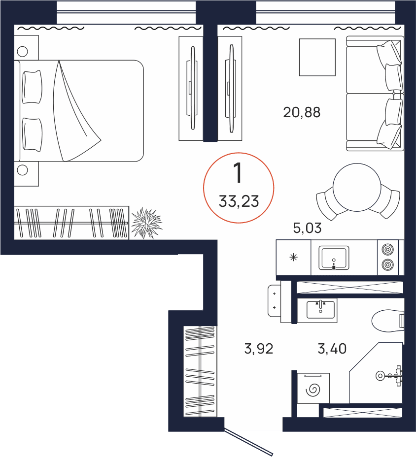 Планировка, 1 к. квартира, Тюмень, ул. Владислава Крапивина, 9, кв. С5.16.4, пд.5, эт. 16/17, 33,23 м², 5 321 000 ₽, 160 126 ₽/м²